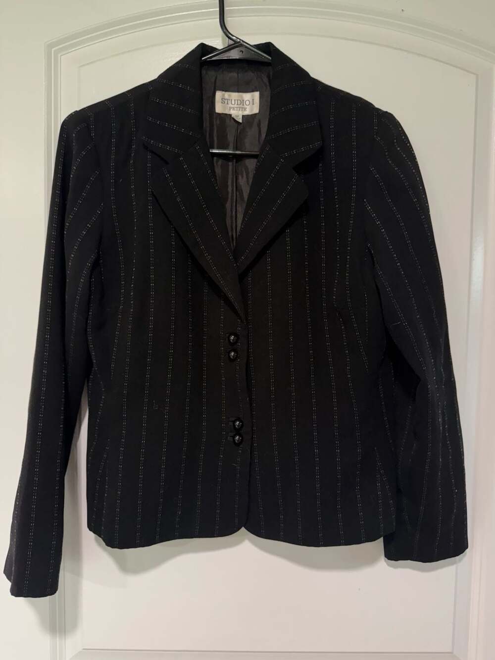 Vintage Y2K Black Pinstripe Tailored Blazer Office Siren Petite 10P